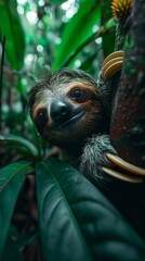 Fototapeta premium Sloth clings to a tree branch in a dense tropical rainforest, with vibrant green leaves and blurred background foliage enhancing the natural setting