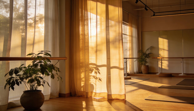Warm sunlit yoga studio with sheer curtains, wooden floor, potted plants, ballet barre, peaceful atmosphere