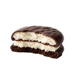 A chocolate covered ice cream sandwich on a white background