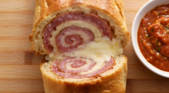 Delicious salami and cheese stuffed bread roll with a side of sauce