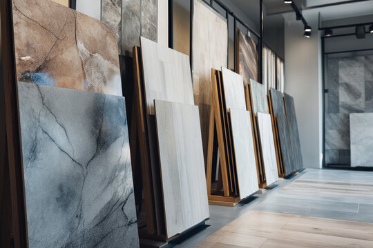 Professional close-up of large-format ceramic and stone slabs with natural textures arranged diagonally on wooden stands in a bright modern showroom