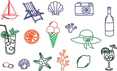 Collection of colorful hand drawn outline icons representing essential summer vacation activities and beach holiday elements perfect for travel designs and relaxation themes © jharna