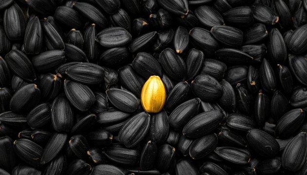 A single, radiant golden sunflower seed boldly contrasts against a bed of dark seeds, symbolizing uniqueness and standing out from the crowd.