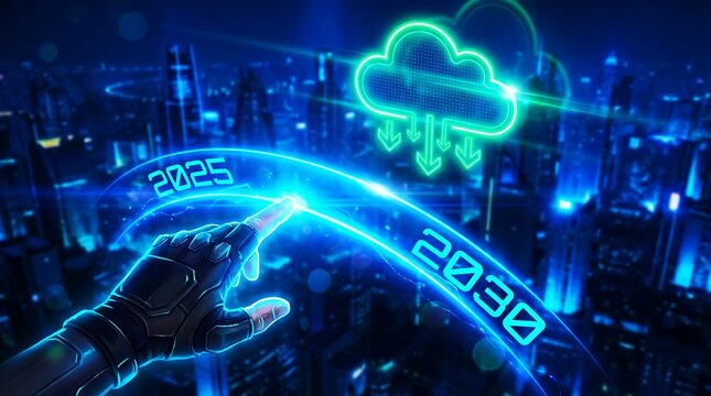 Cloud computing technology with futuristic hand touching timeline 2030 for smart city data