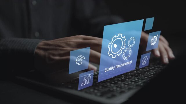 Continuous quality improvement concept. User using laptop with monitoring and approval icons, standards development, performance evaluation and corporate improvement strategy.