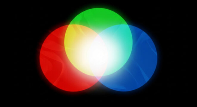 Three overlapping circles of light red green and blue.