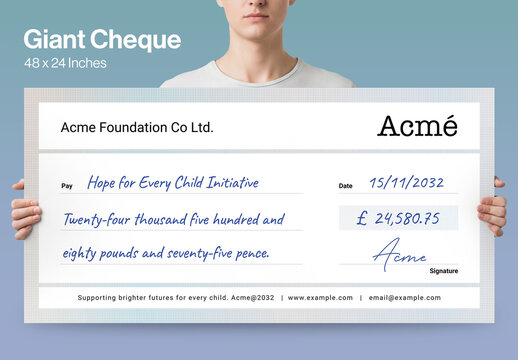 Giant Cheque Template for Charity Donation Presentations, Blank Check Layout