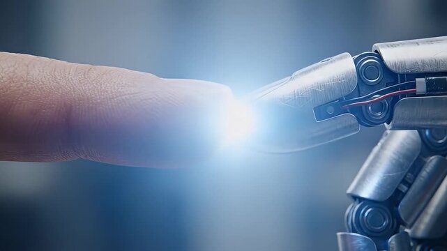 Human fingertip touching robot finger with glowing contact conveying connection and innovation close up texture and metal detail human finger touching robotic finger with electric spark conveying