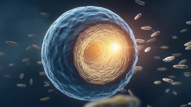 Glowing human egg cell with textured outer membrane and spiral inner structures floating among sperm cells illuminated by warm light conveying scientific wonder and microscopic detail cell with