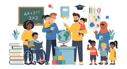 Fototapeta premium Diverse Children and Adults in Inclusive Learning Environment - Vector Illustration of Education and Support