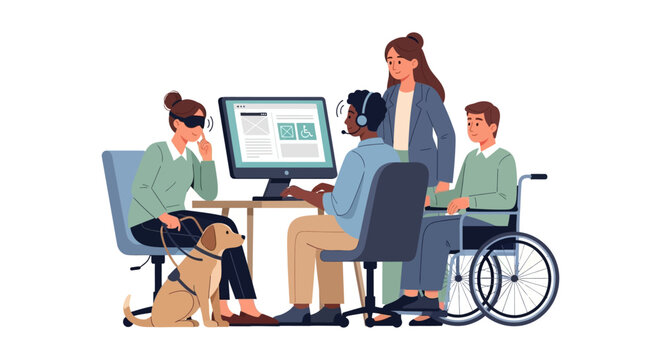 Workplace Inclusion & Digital Accessibility: Diverse Team with Disabilities and Assistive Technology Collaborating in Office
