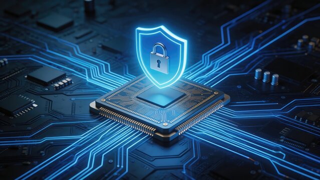 Advanced AI chip security with glowing shield and lock over processor on motherboard, idea for cybersecurity hardware protection and encrypted data infrastructure
