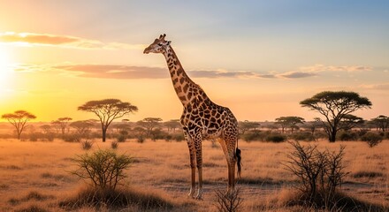 Obraz premium Tall Giraffe Standing in Savannah at Sunset