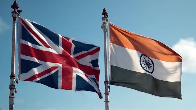 british flag waving next to indian flag in blue sky. relations between great britain and india