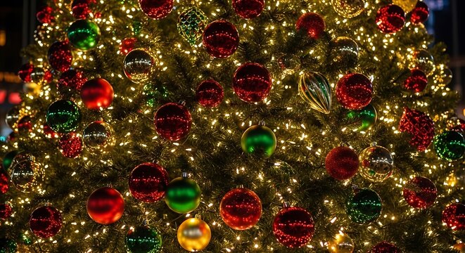 Festive close-up of a giant tree aglow with ornaments and tiny lights, holiday season