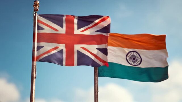 british flag waving next to indian flag in blue sky. relations between great britain and india
