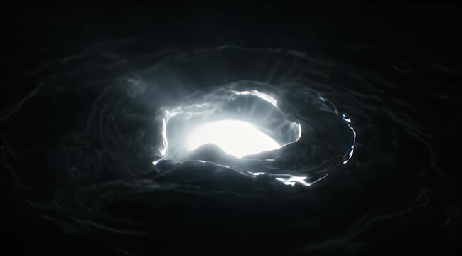 A bright light pierces through the swirling darkness of a fluid-like tunnel