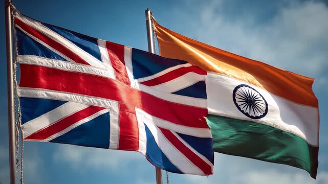 british flag waving next to indian flag in blue sky. relations between great britain and india