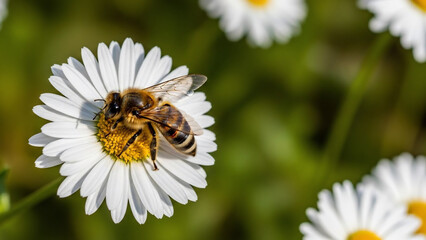 Obraz premium Detailed Macro Shot of a Honeybee Collecting Nectar from a White Daisy Flower in Sunlight