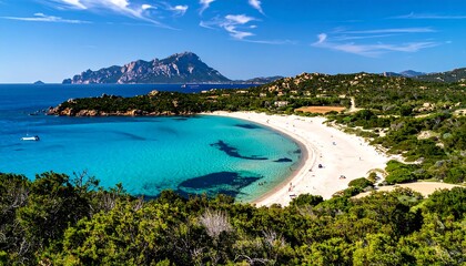 Obraz premium Breathtaking turquoise bay view with a sandy beach and verdant shrubbery under a blue sky with wispy clouds