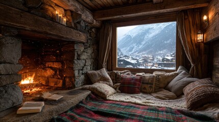 a rustic mountain stone fireplace. it is not lit, it has just finished burning so there's no fire inside, just glowing logs
