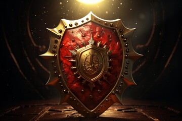 Fototapeta premium Ornate red and gold fantasy shield with a central emblem on a dark background