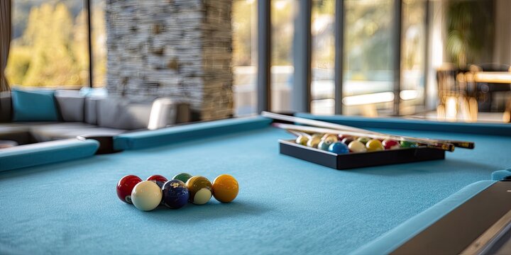 A pool table with balls racked, cues resting, set in a room with view
