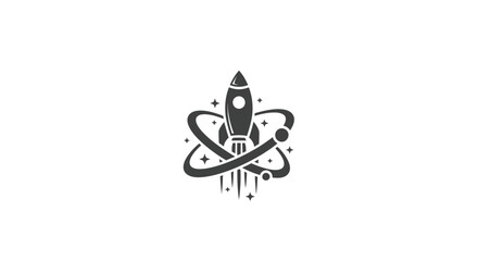 Retro Rocketship Orbiting Atom Symbol, Space Exploration and Science Concept Icon © Alienmarsh