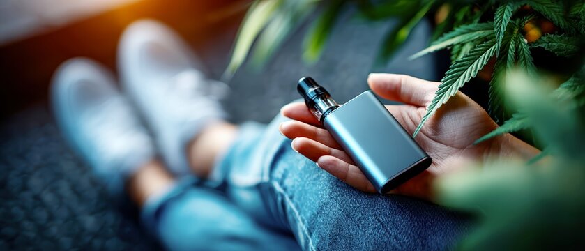 Vape pen in hand with cozy interior and plant background
