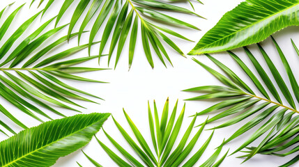 Obraz premium Fresh tropical palm leaves creating frame on white
