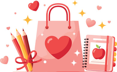 Pink gift bag with red heart, pencils tied with ribbon, notebook with apple design, love-themed school supplies illustration for education, appreciation, and celebration concept
