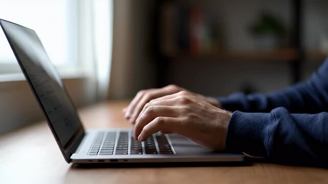 Person typing on a laptop computer keyboard with hands visible in close up focus on a wooden desk surface with blurred background setting