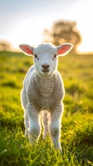 Obraz premium Adorable lamb standing in grassy field bathed in warm sunlight