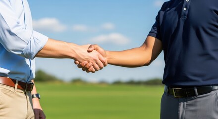 Fototapeta premium Two men shaking hands on a lush green golf course under clear skies