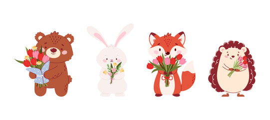 Obraz premium Cute forest animals set with bear, bunny, fox and hedgehog holding flower bouquets. Flat vector illustration in pastel colors, perfect for spring greeting cards, nursery decor and kids designs