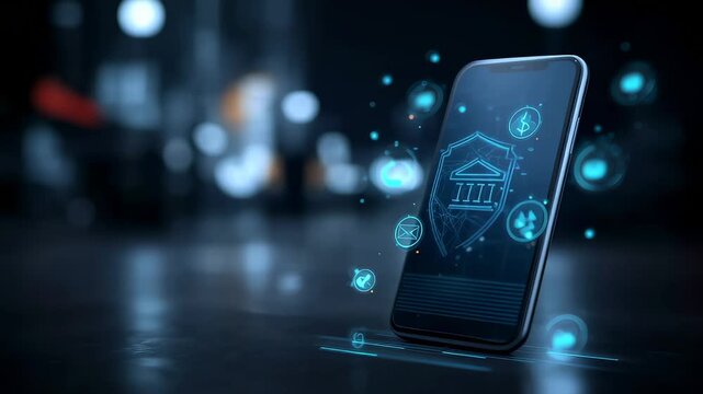 Smartphone with digital banking security icons glowing on screen, mobile finance protection concept