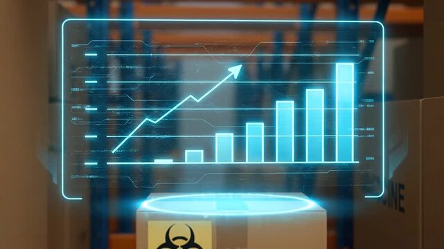 Rising analytics dashboard hologram over cardboard box warehouse showing growth with vaccine inventory box warehouse shelf and holographic supply chain dashboard displaying charts, line and bar chart