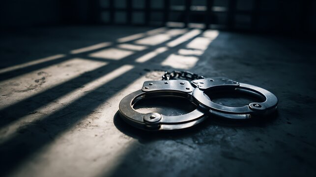 Handcuffs on floor with sunlight shadows.
