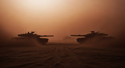 Two powerful main battle tanks stand silhouetted against an orange, dusty haze in a barren, desolate desert landscape, hinting at conflict.