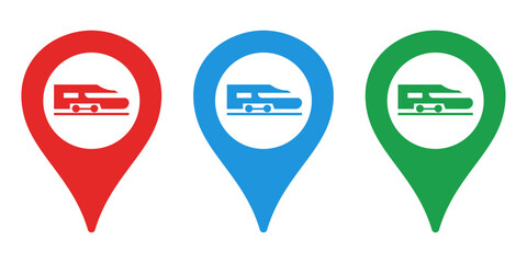 Map pin and train. Vector icon isolated on white background.