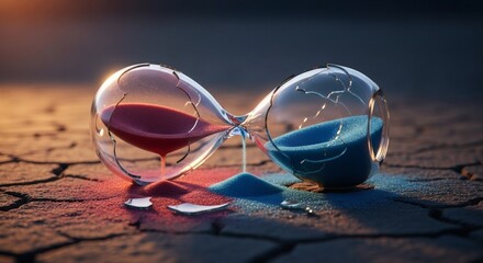 A broken hourglass, shattered and leaking red and blue sand onto cracked earth, symbolizes the irreversible passage of time.
