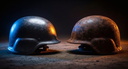 Two contrasting military helmets, one dark and new, the other rusty and old, sit side-by-side on a textured surface.