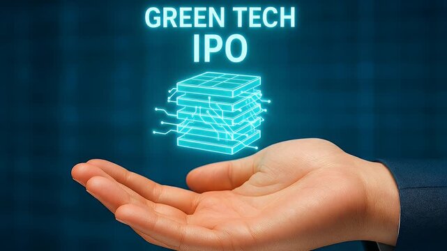 Green tech IPO concept glowing circuit board stack hologram floating above open hand with data stack hovering above open palm solar panel battery stack futuristic finance investment and sustainable