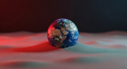 A small, detailed Earth globe rests on textured sand. Red light illuminates left side against dark background, symbolizing.