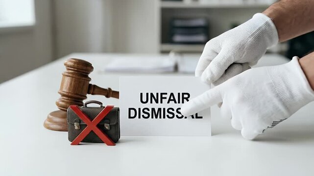 Unfair dismissal concept card beside gavel and crossed briefcase desk with gloved hand pointing to injustice and legal dispute emotion. Unfair dismissal card desk with judge gavel and crossed