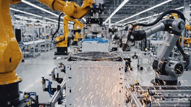 Automated robotic arms precisely assemble components on a modern factory production line