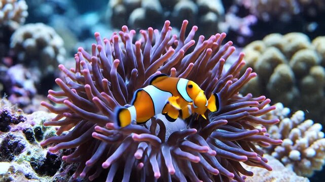 Two Clownfish Swimming in a Vibrant Purple Sea Anemone Underwater Coral Reef Ecosystem.