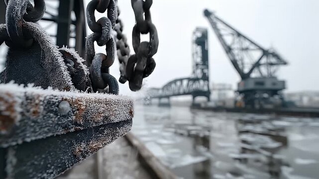 Frosted metal chain and winch dock with icy water and industrial crane bridge misty background cold atmosphere muted tones frosted metal chain frozen rust industrial waterfront bridge crane icy river