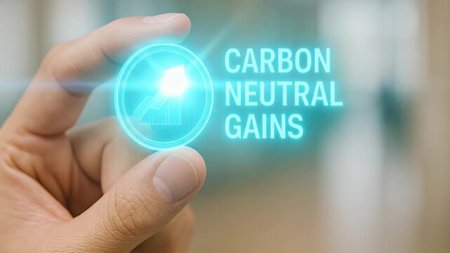 Carbon neutral gain hologram held between fingers with glowing blue icon and rising graph held by hand showing sustainable eco environment, sustainability, finger and hand symbolizing eco friendly