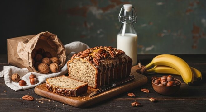 Banana bread with pecans, nuts, and milk